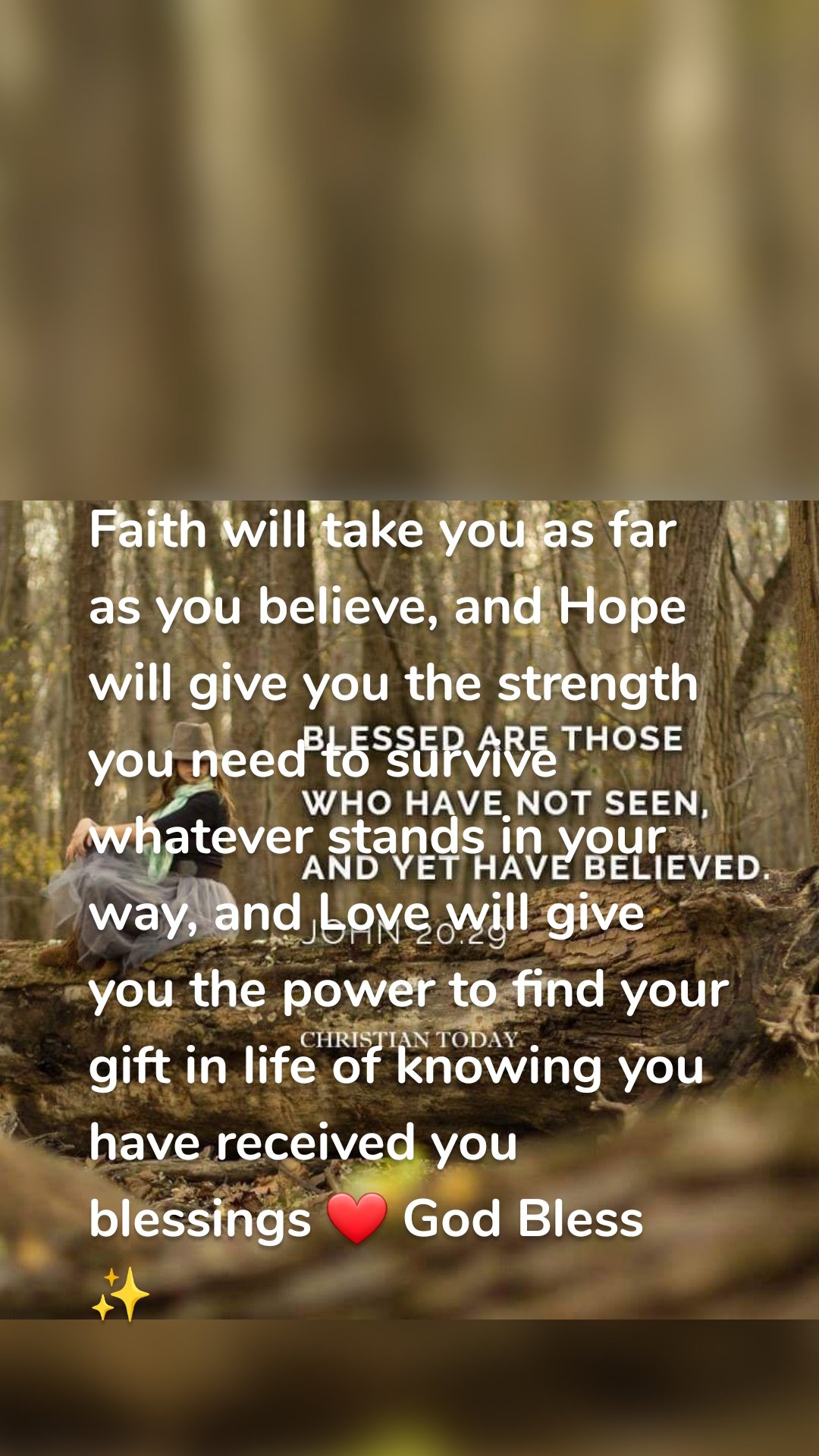 Faith will take you as far as you believe, and Hope will give you the strength you need to survive whatever stands in your way, and Love will give you the power to find your gift in life of knowing you have received you blessings ❤️ God Bless ✨️